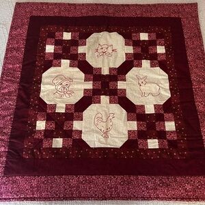 New Handmade Animal Embroidered Lap Quilt 37" x 37" Burgundy and white .